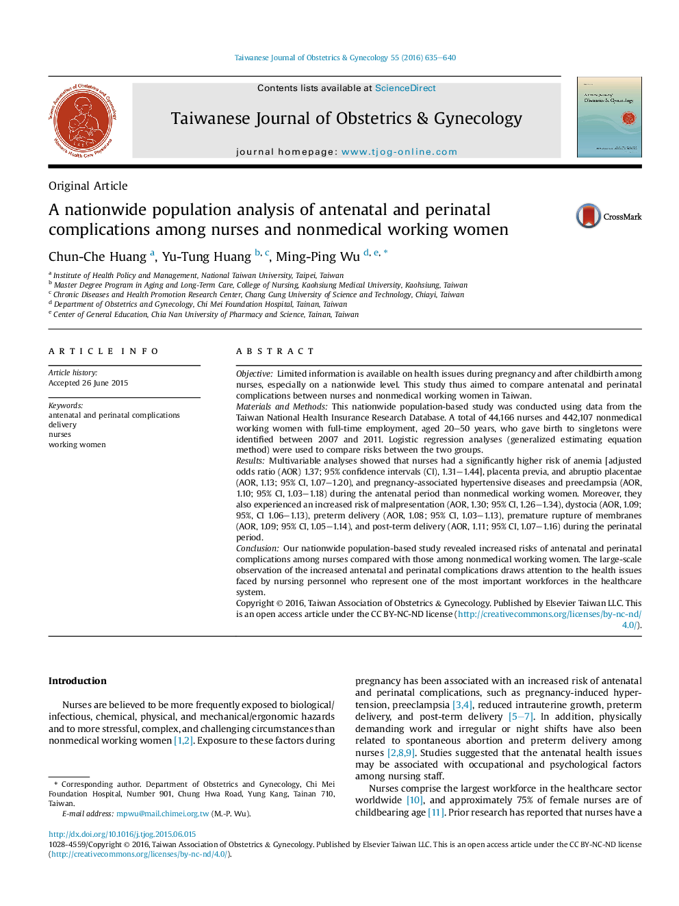 A nationwide population analysis of antenatal and perinatal complications among nurses and nonmedical working women