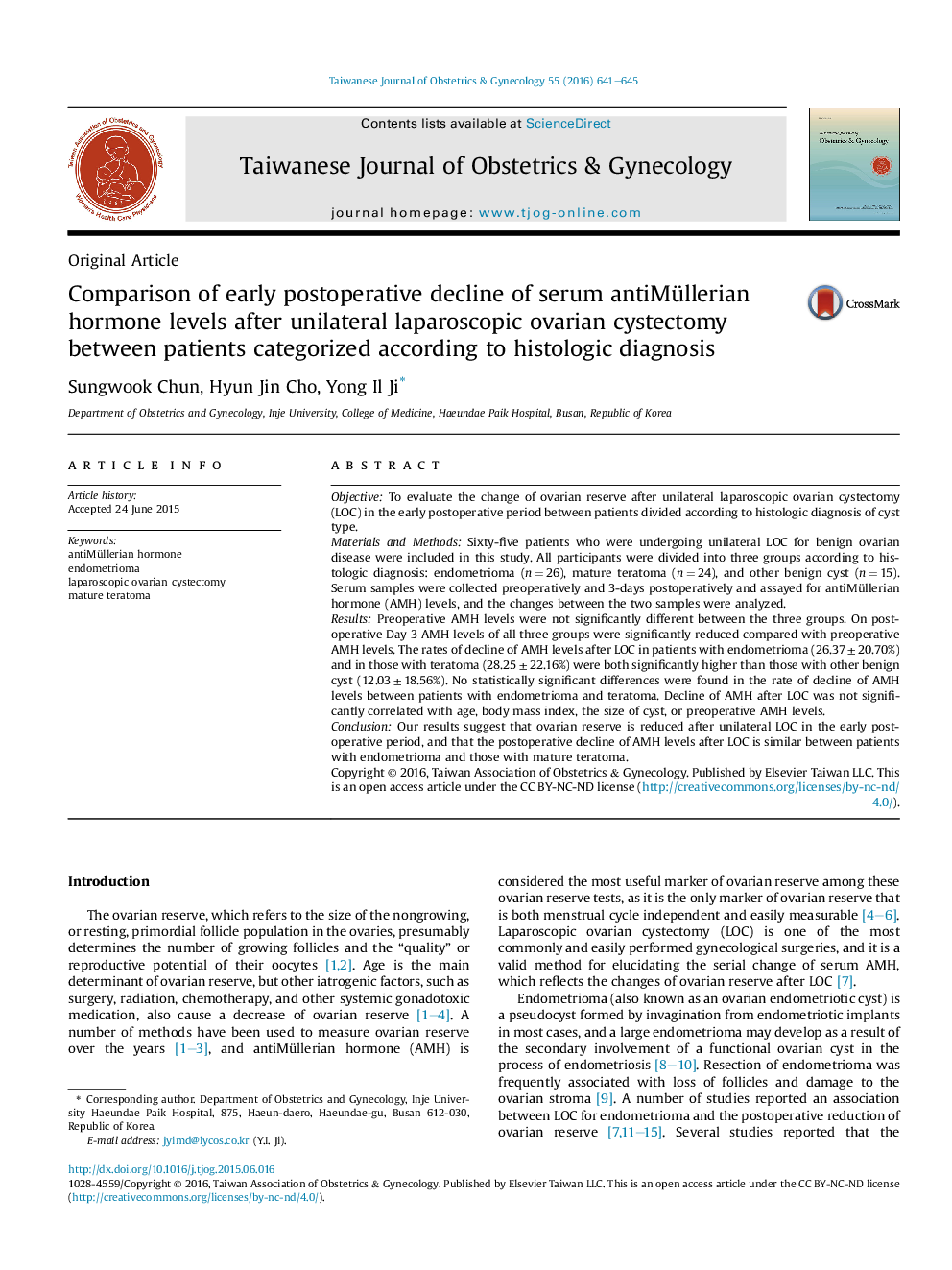 Comparison of early postoperative decline of serum antiMüllerian hormone levels after unilateral laparoscopic ovarian cystectomy between patients categorized according to histologic diagnosis