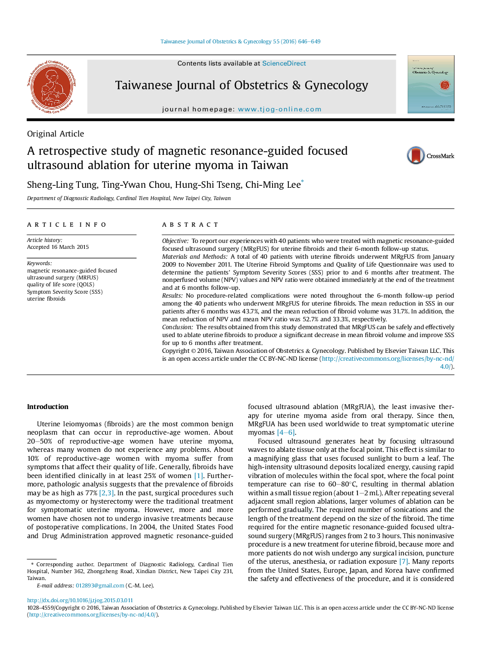 A retrospective study of magnetic resonance-guided focused ultrasound ablation for uterine myoma in Taiwan