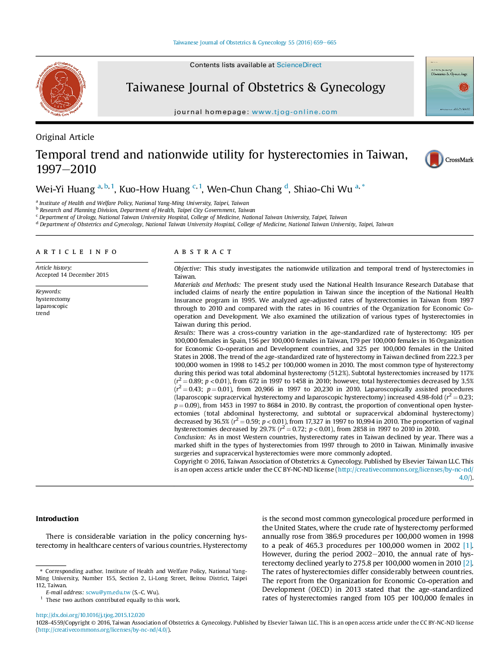 Temporal trend and nationwide utility for hysterectomies in Taiwan, 1997-2010