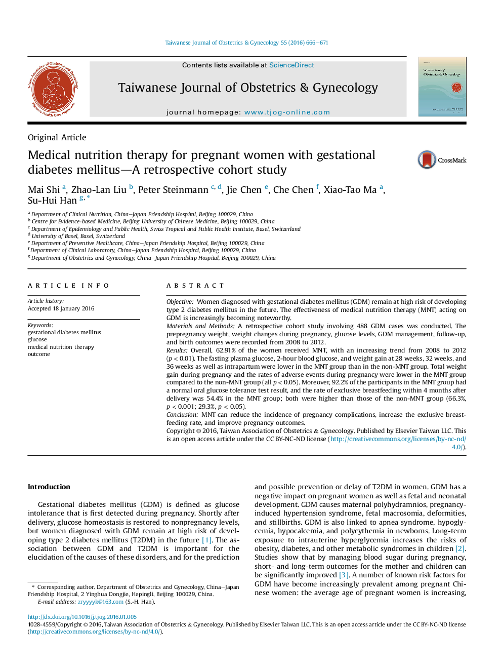 Medical nutrition therapy for pregnant women with gestational diabetes mellitus-A retrospective cohort study