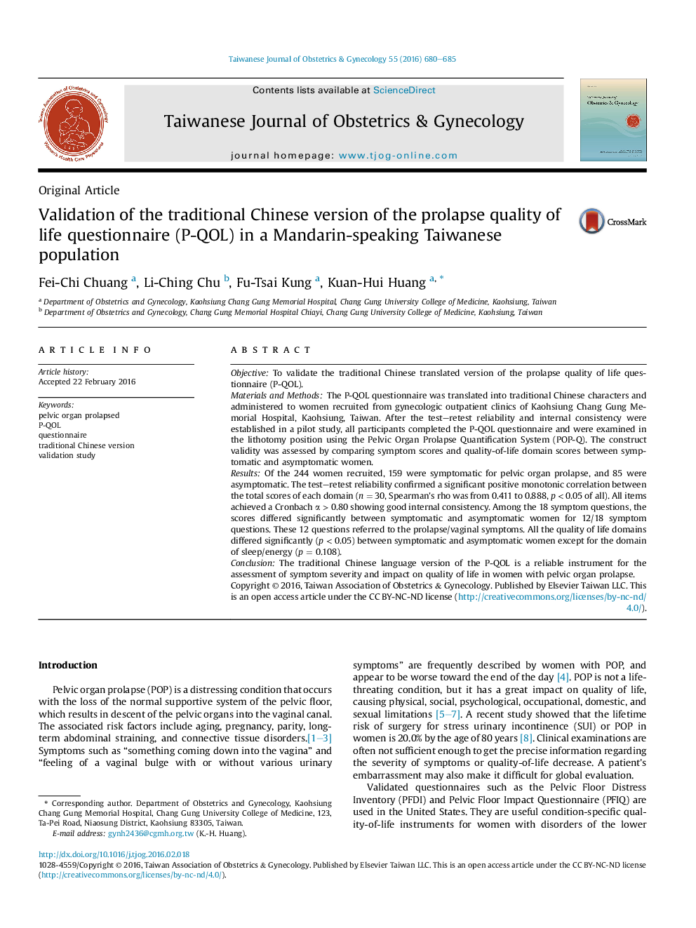 Validation of the traditional Chinese version of the prolapse quality of life questionnaire (P-QOL) in a Mandarin-speaking Taiwanese population