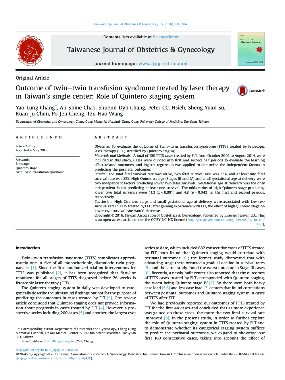 Outcome of twin-twin transfusion syndrome treated by laser therapy in Taiwan's single center: Role of Quintero staging system