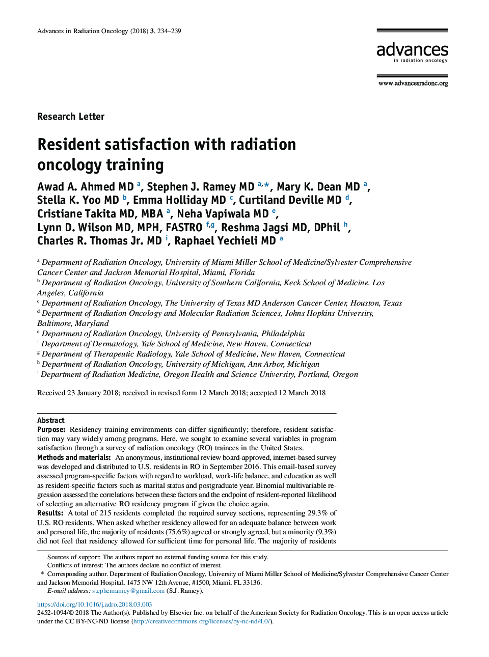 Resident satisfaction with radiation oncology training