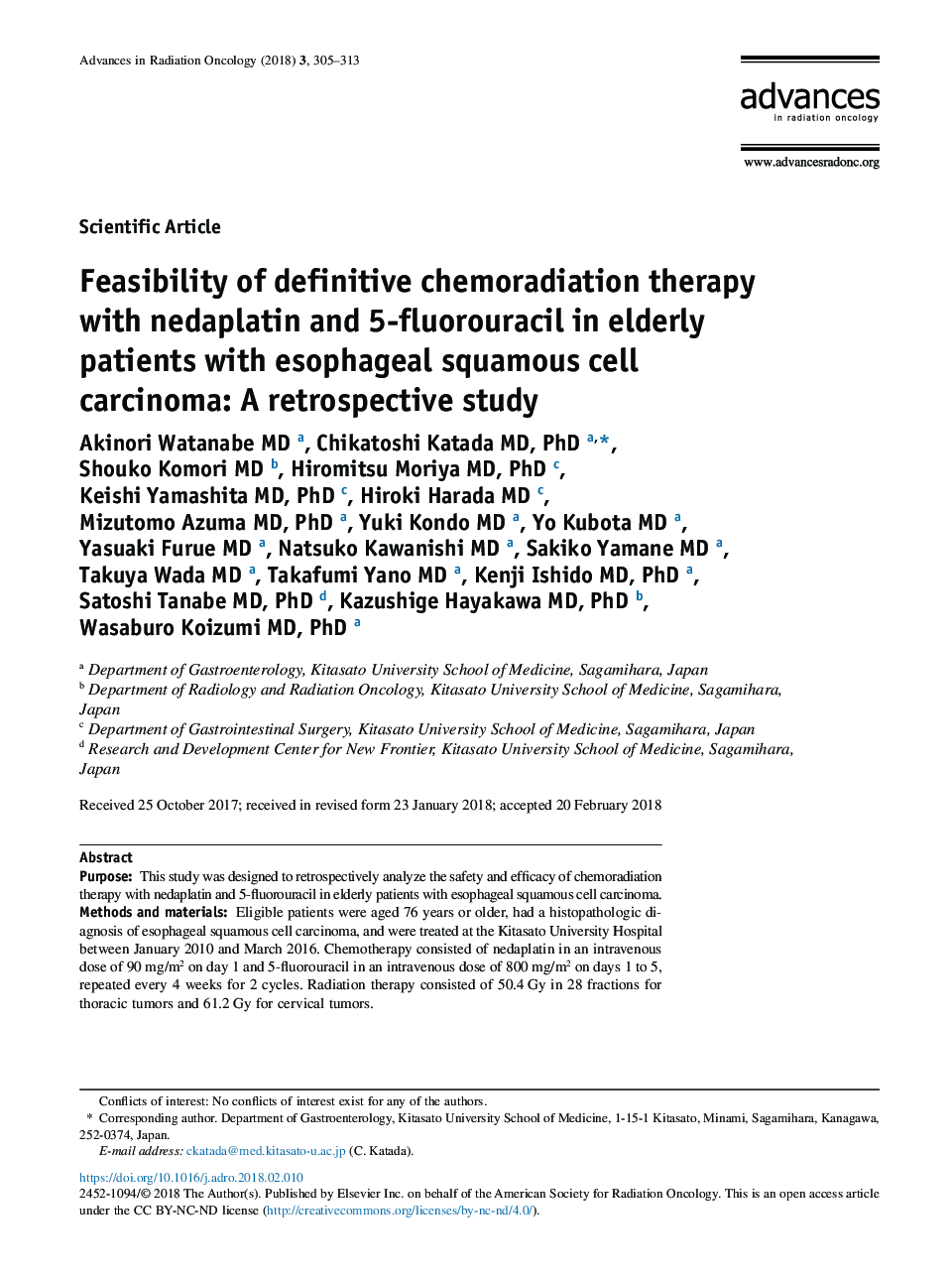 Feasibility of definitive chemoradiation therapy with nedaplatin and 5-fluorouracil in elderly patients with esophageal squamous cell carcinoma: A retrospective study
