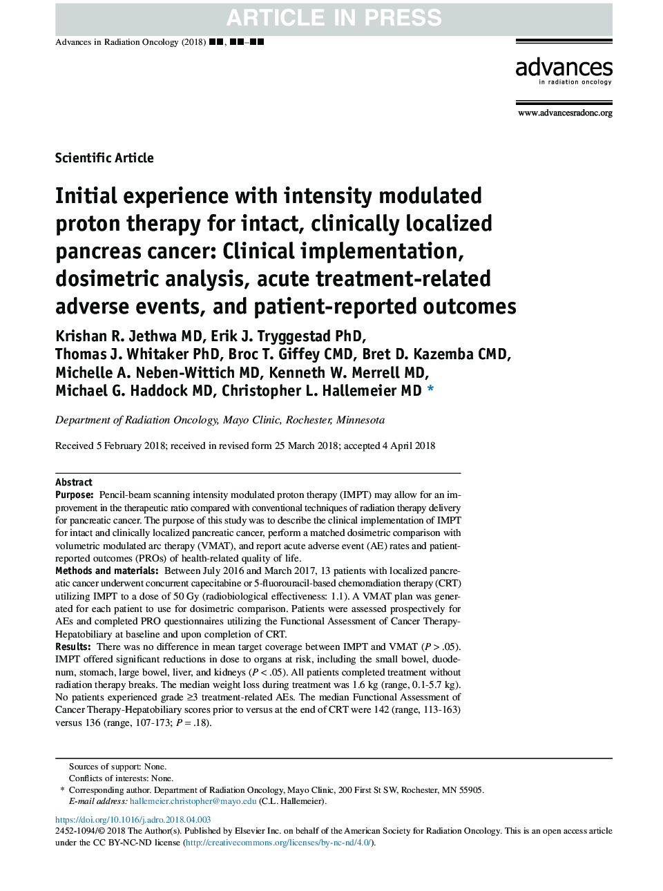 Initial experience with intensity modulated proton therapy for intact, clinically localized pancreas cancer: Clinical implementation, dosimetric analysis, acute treatment-related adverse events, and patient-reported outcomes
