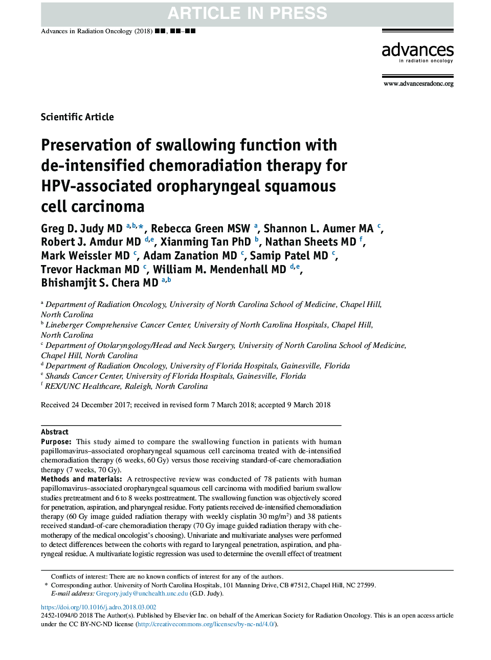 Preservation of swallowing function with de-intensified chemoradiation therapy for HPV-associated oropharyngeal squamous cell carcinoma