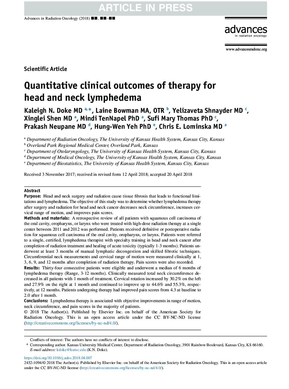 Quantitative clinical outcomes of therapy for head and neck lymphedema