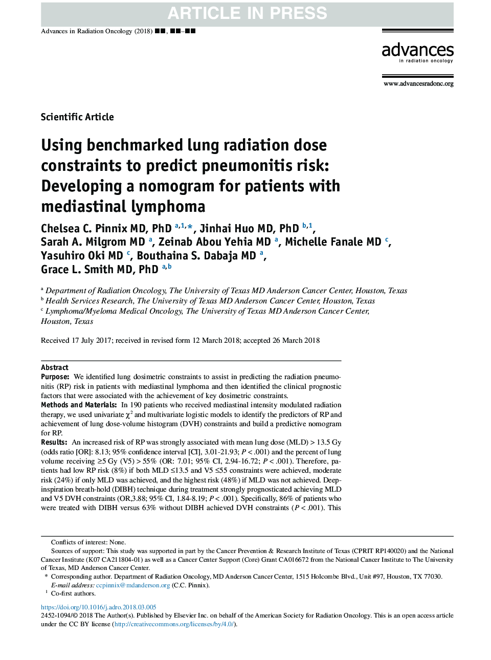 با استفاده از محدودیت های دوز تابشی ریه نسبت به پیش بینی پنومونیت خطر: توسعه نوموگرافی برای بیماران مبتلا به لنفوم مدیاستن 