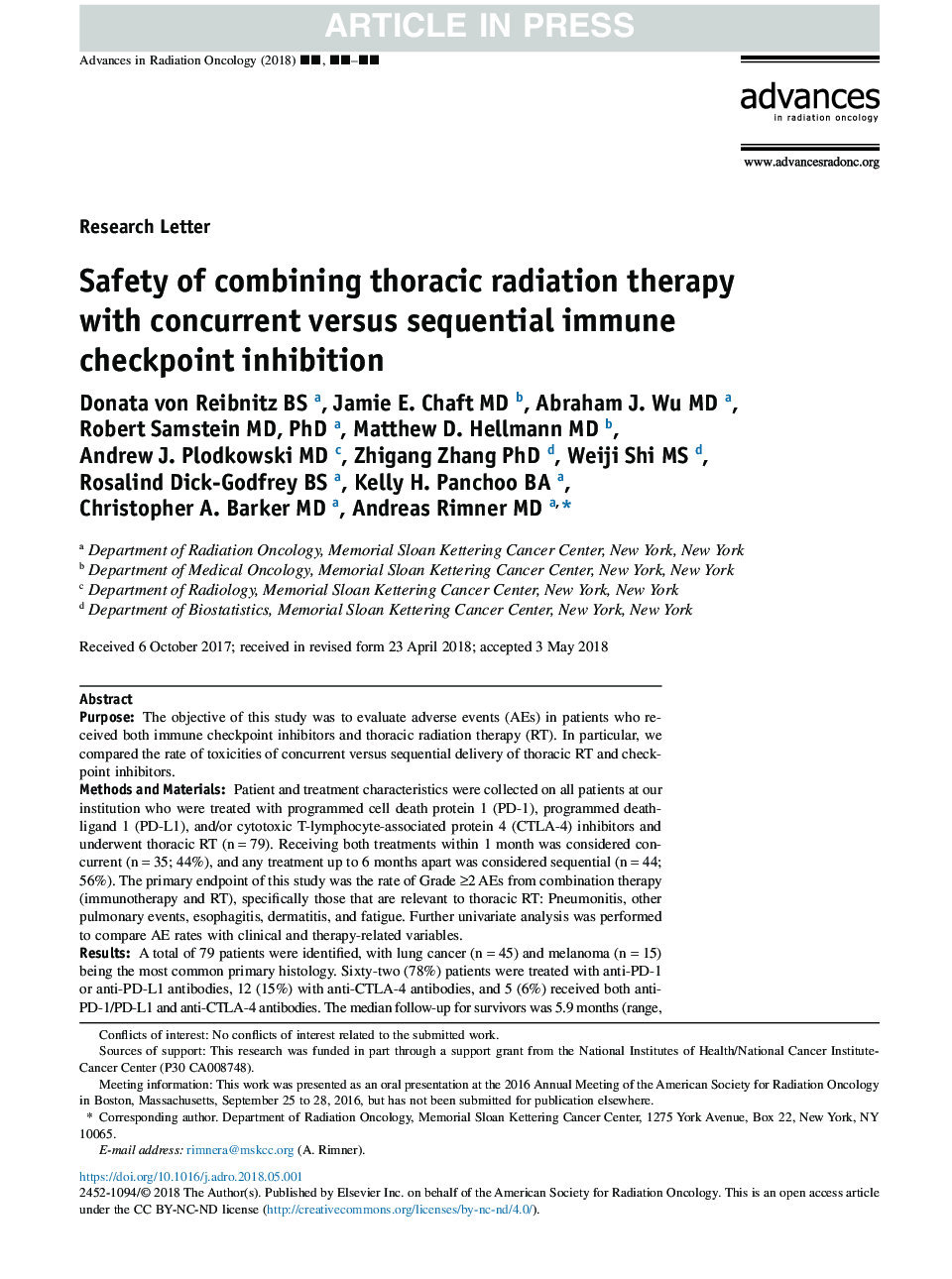 Safety of combining thoracic radiation therapy with concurrent versus sequential immune checkpoint inhibition