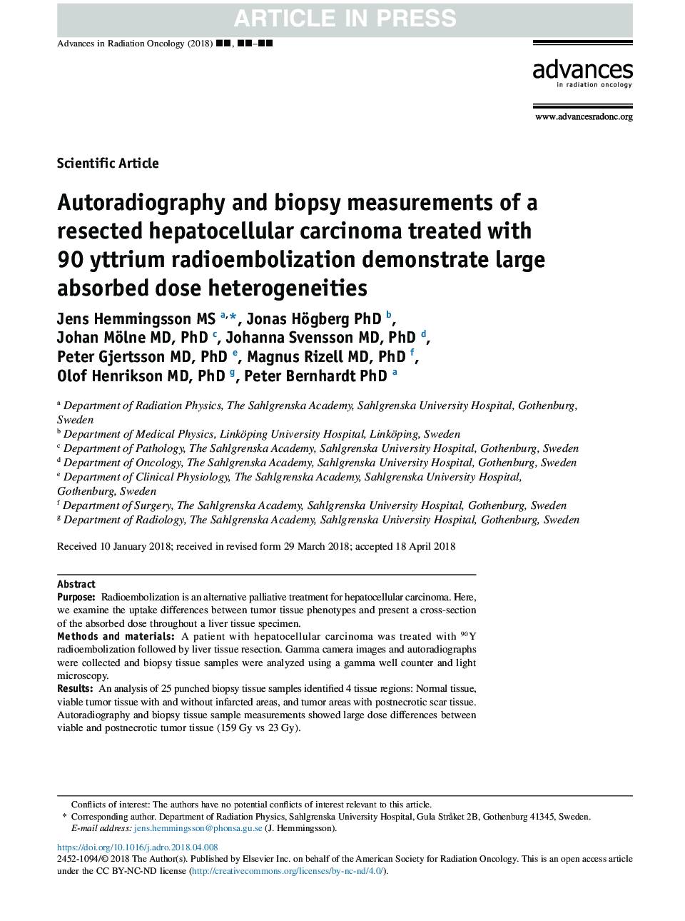 Autoradiography and biopsy measurements of a resected hepatocellular carcinoma treated with 90 yttrium radioembolization demonstrate large absorbed dose heterogeneities
