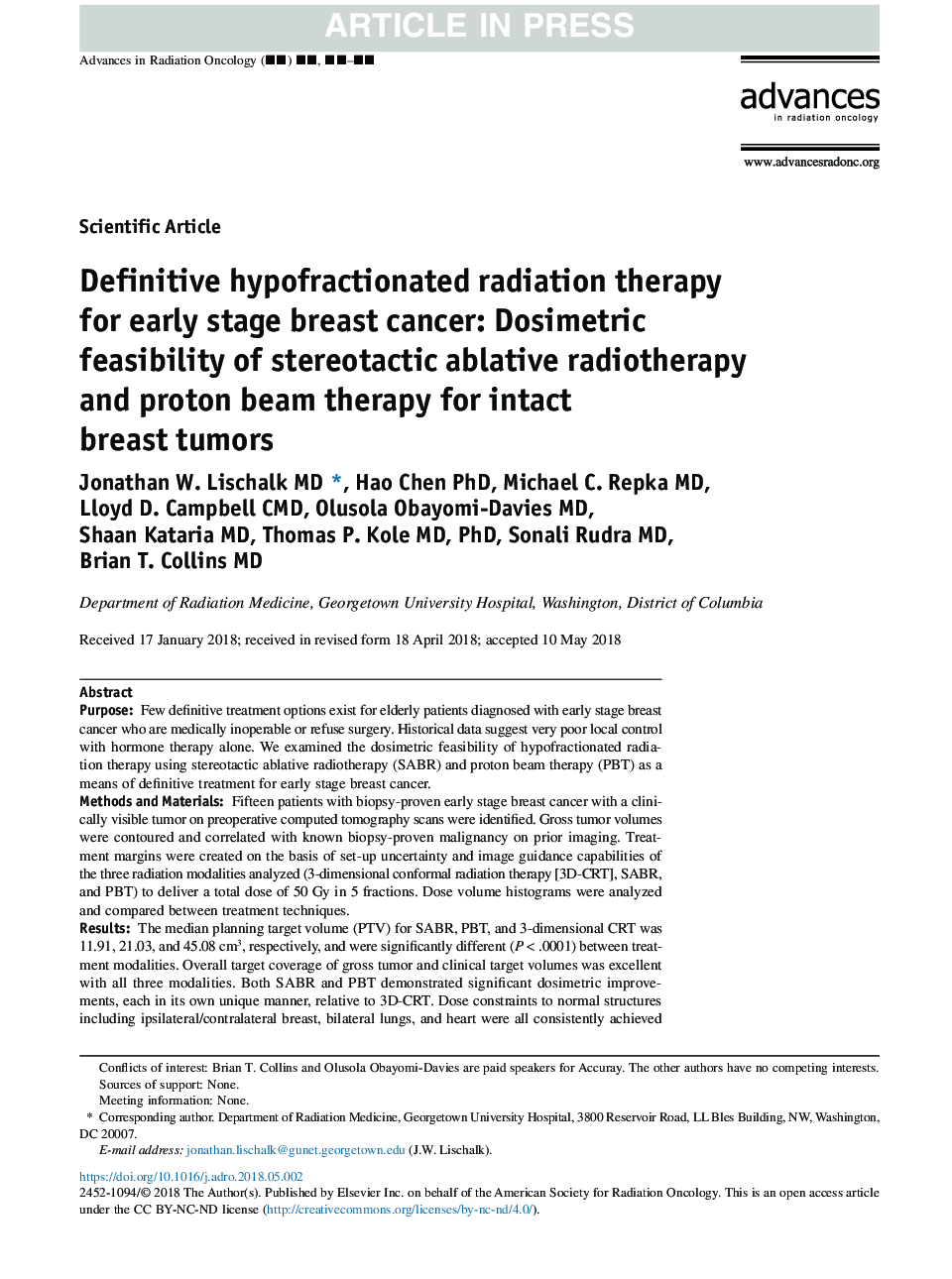 Definitive hypofractionated radiation therapy for early stage breast cancer: Dosimetric feasibility of stereotactic ablative radiotherapy and proton beam therapy for intact breast tumors