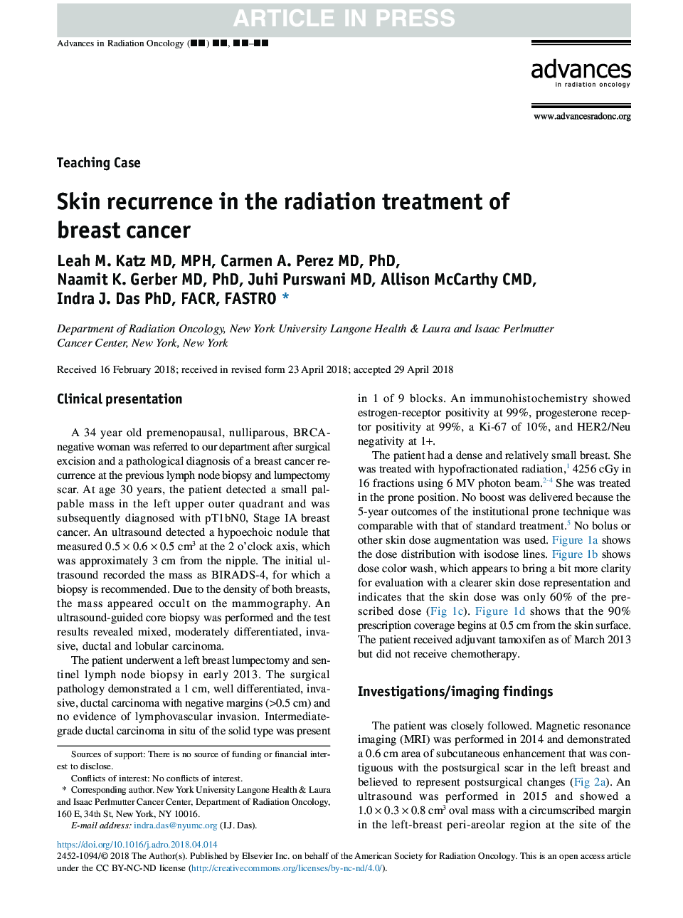 Skin recurrence in the radiation treatment of breast cancer