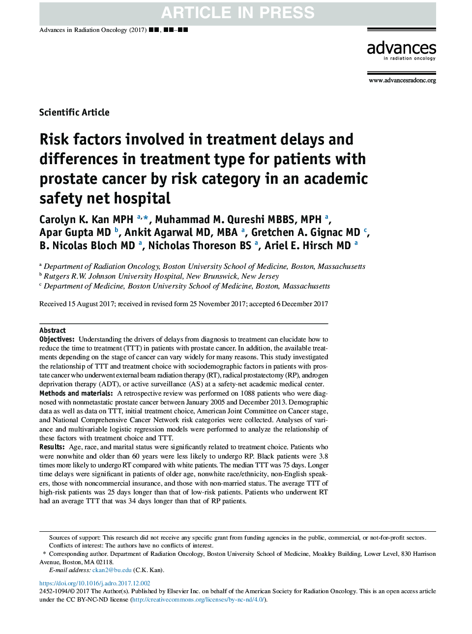 Risk factors involved in treatment delays and differences in treatment type for patients with prostate cancer by risk category in an academic safety net hospital