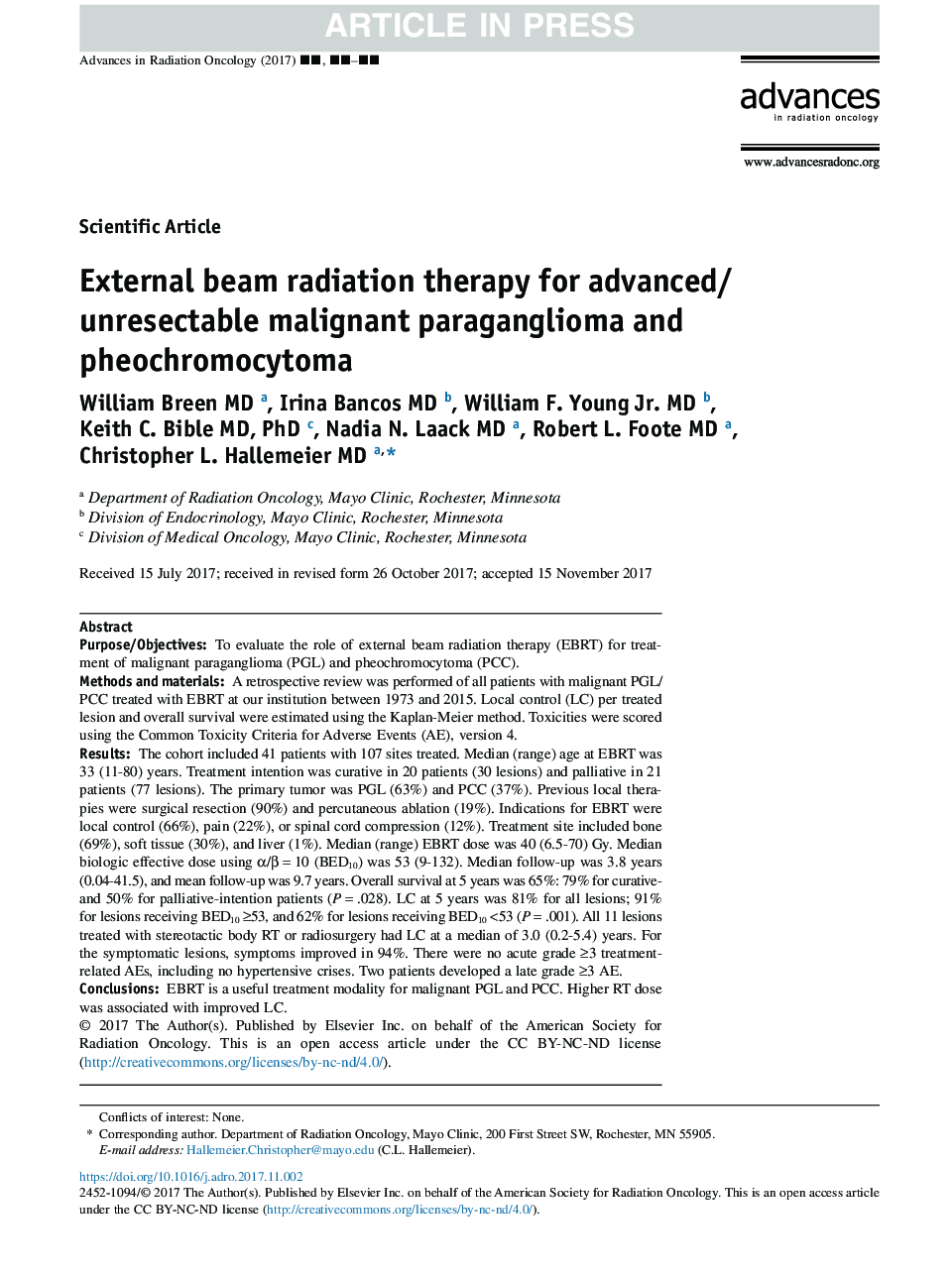 External beam radiation therapy for advanced/unresectable malignant paraganglioma and pheochromocytoma