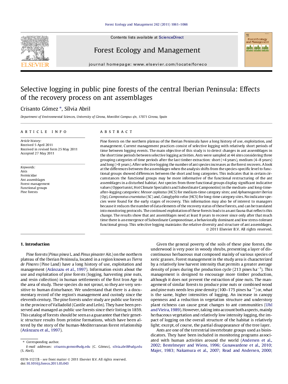 Selective logging in public pine forests of the central Iberian Peninsula: Effects of the recovery process on ant assemblages