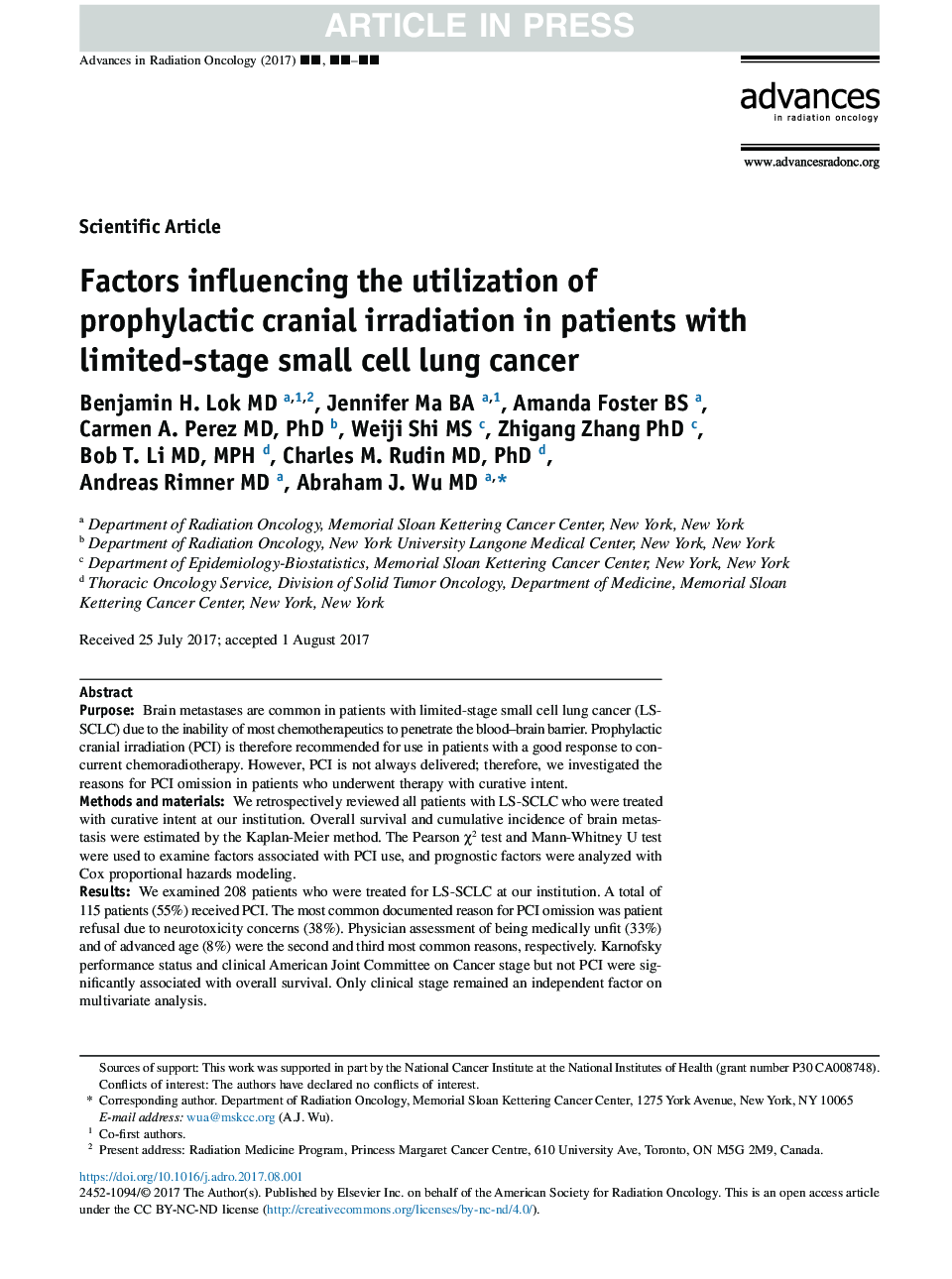 Factors influencing the utilization of prophylactic cranial irradiation in patients with limited-stage small cell lung cancer