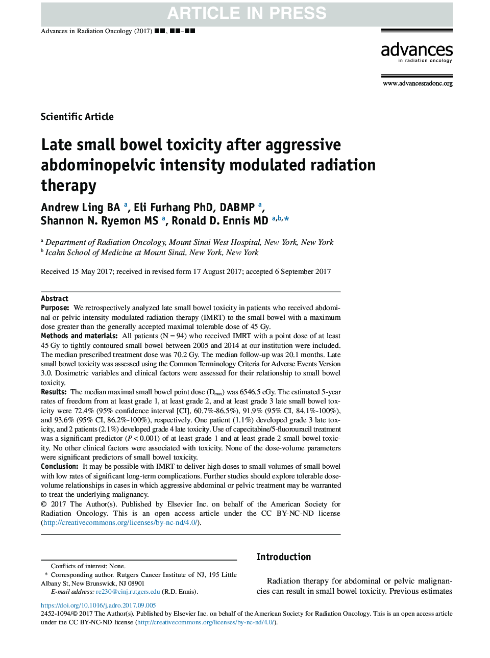 Late small bowel toxicity after aggressive abdominopelvic intensity modulated radiation therapy