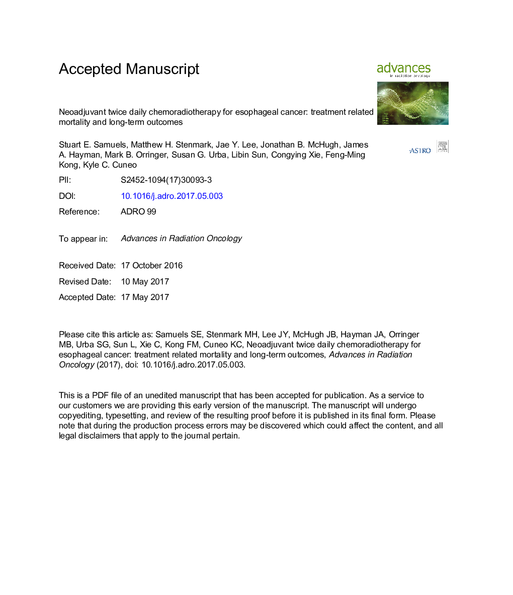 Neoadjuvant twice daily chemoradiotherapy for esophageal cancer: Treatment-related mortality and long-term outcomes