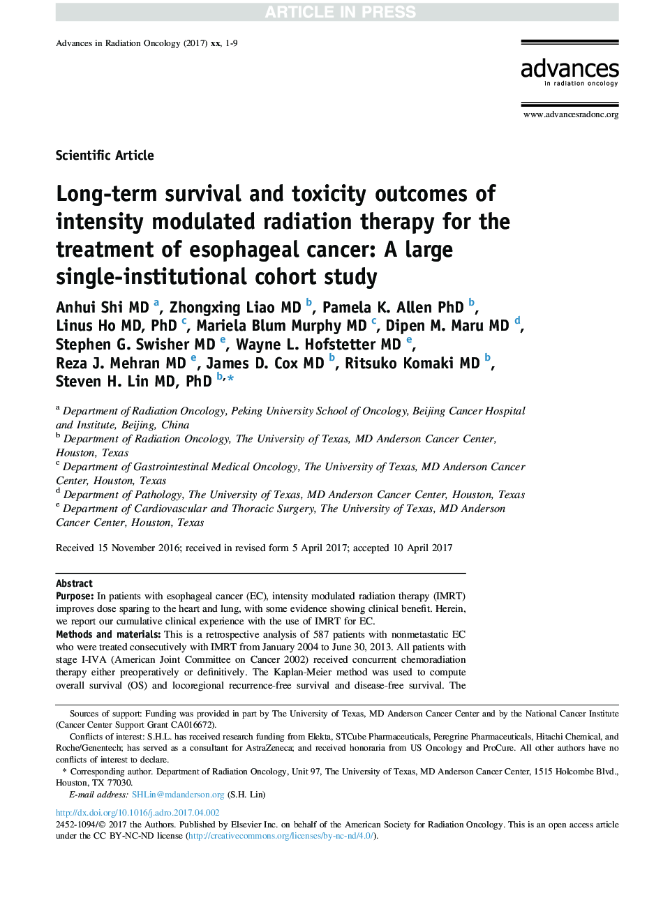 Long-term survival and toxicity outcomes of intensity modulated radiation therapy for the treatment of esophageal cancer: A large single-institutional cohort study