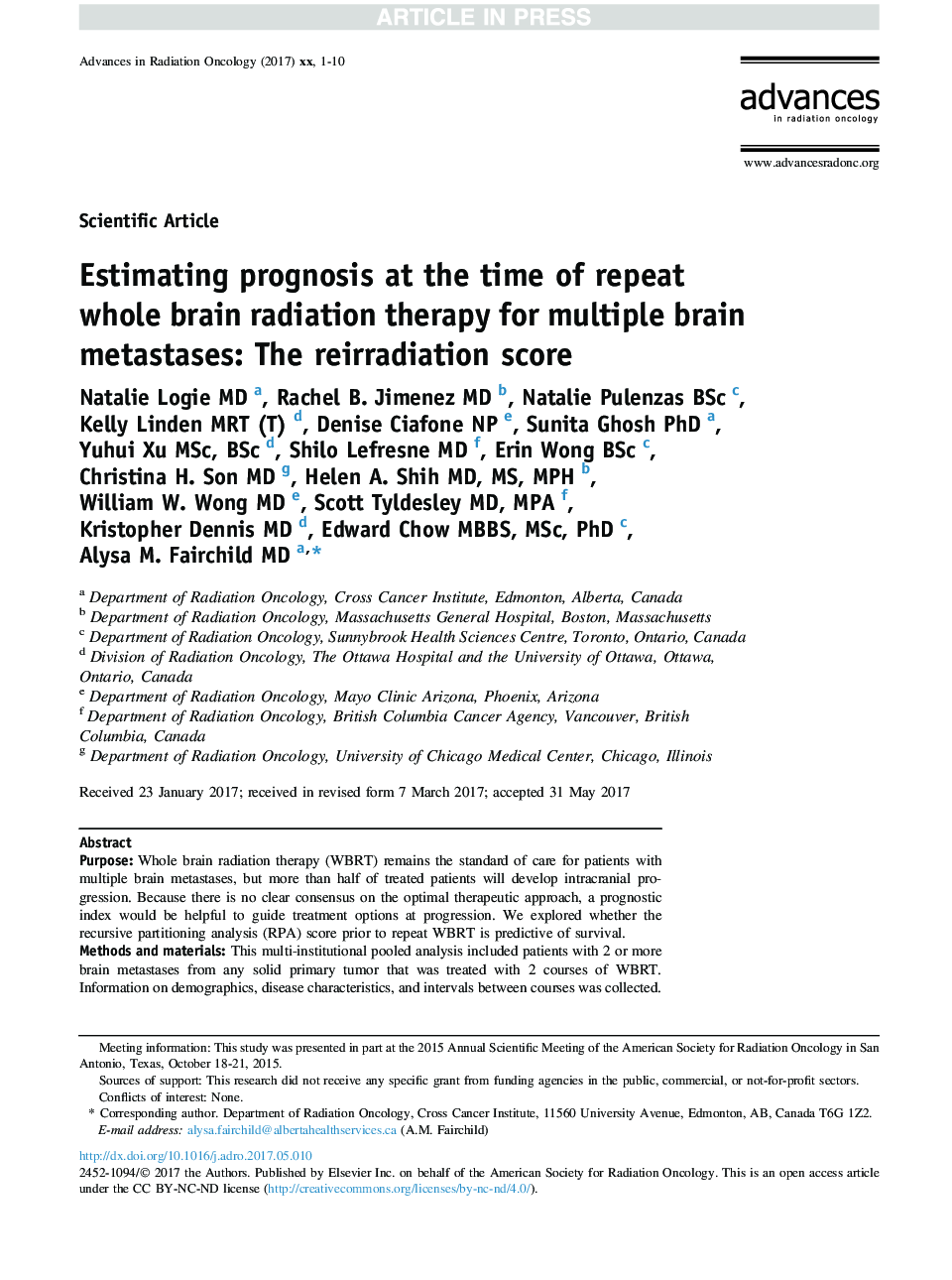 Estimating prognosis at the time of repeat whole brain radiation therapy for multiple brain metastases: The reirradiation score
