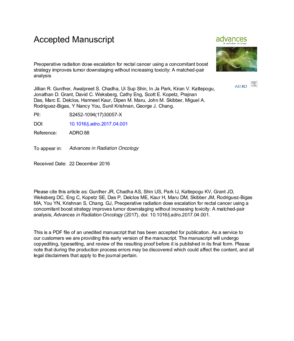 Preoperative radiation dose escalation for rectal cancer using a concomitant boost strategy improves tumor downstaging without increasing toxicity: A matched-pair analysis