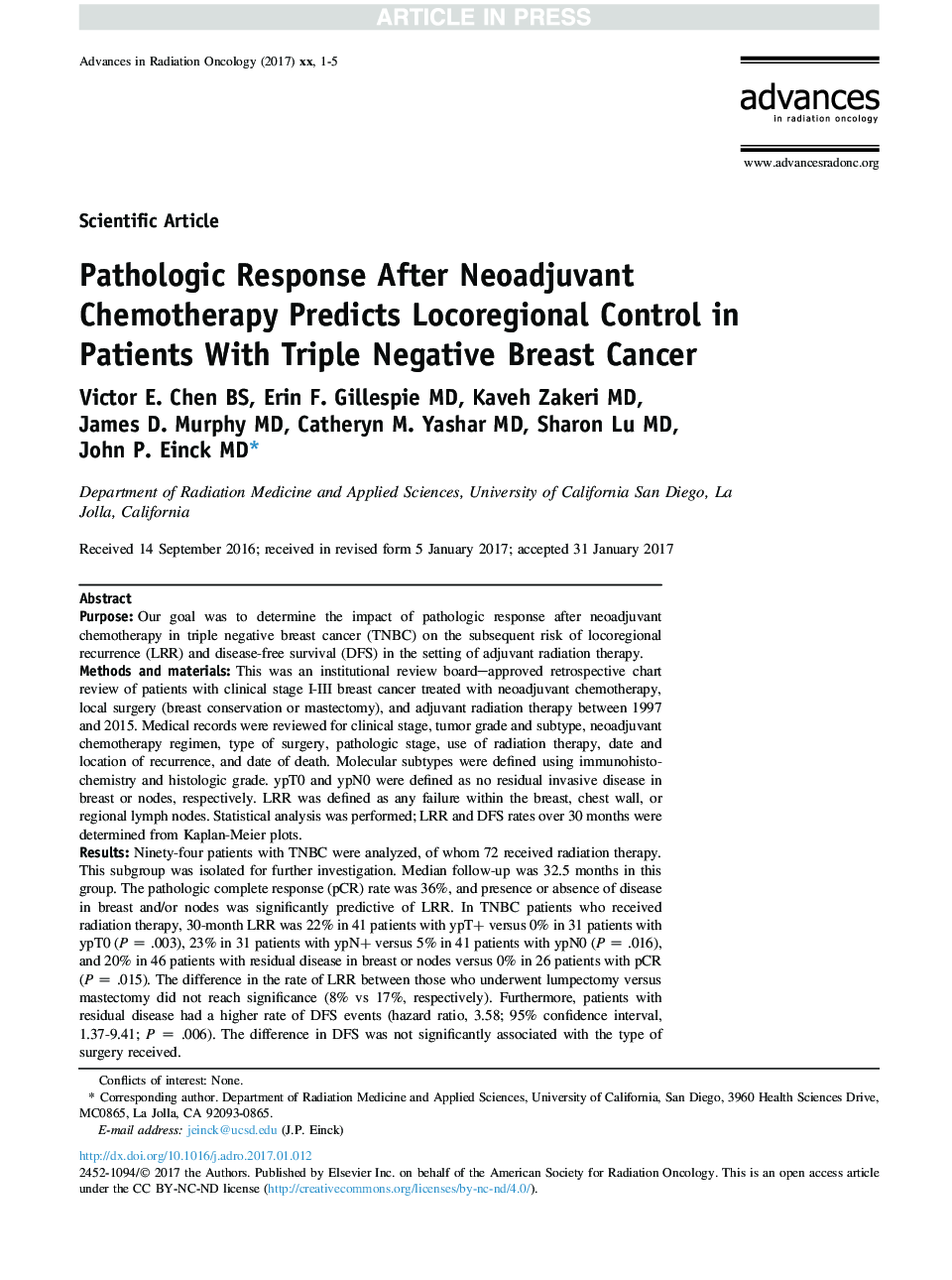 Pathologic response after neoadjuvant chemotherapy predicts locoregional control in patients with triple negative breast cancer