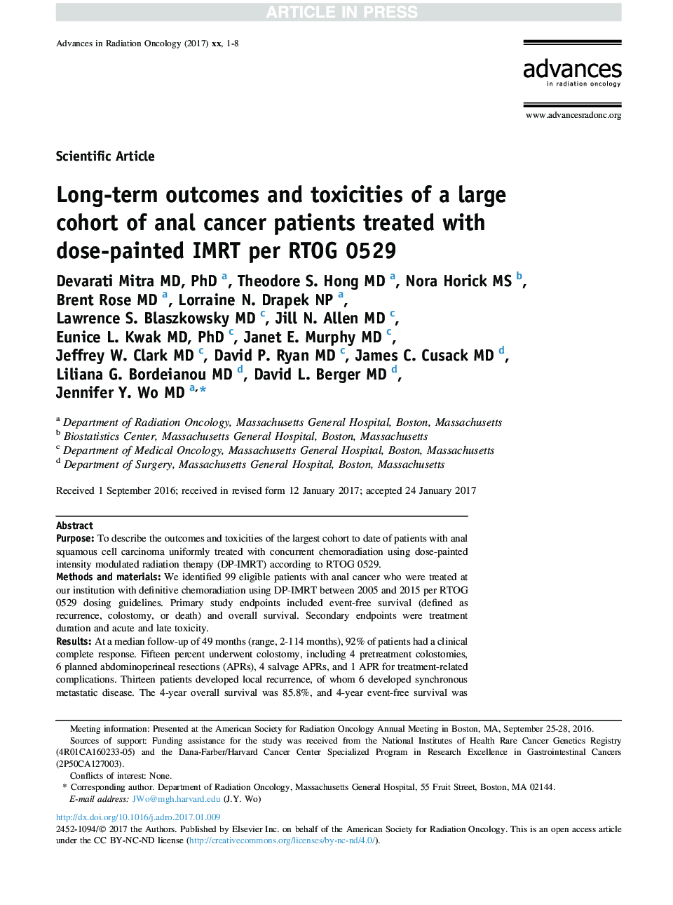 Long-term outcomes and toxicities of a large cohort of anal cancer patients treated with dose-painted IMRT per RTOG 0529