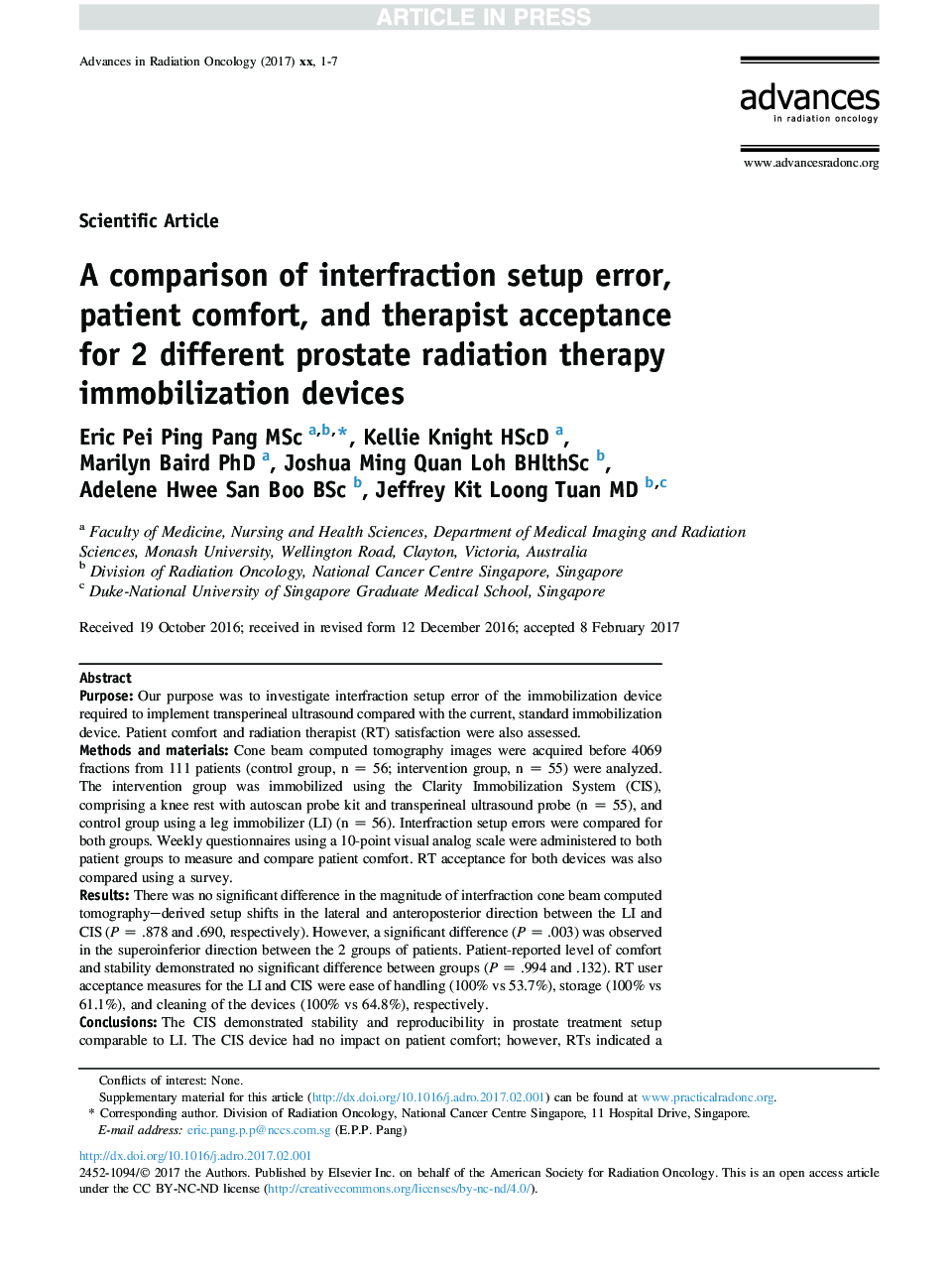 A comparison of interfraction setup error, patient comfort, and therapist acceptance for 2 different prostate radiation therapy immobilization devices