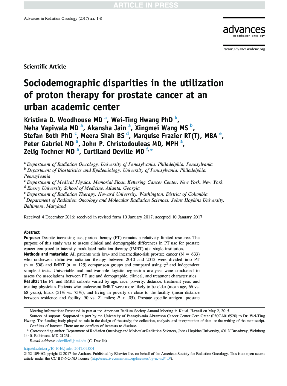 Sociodemographic disparities in the utilization of proton therapy for prostate cancer at an urban academic center