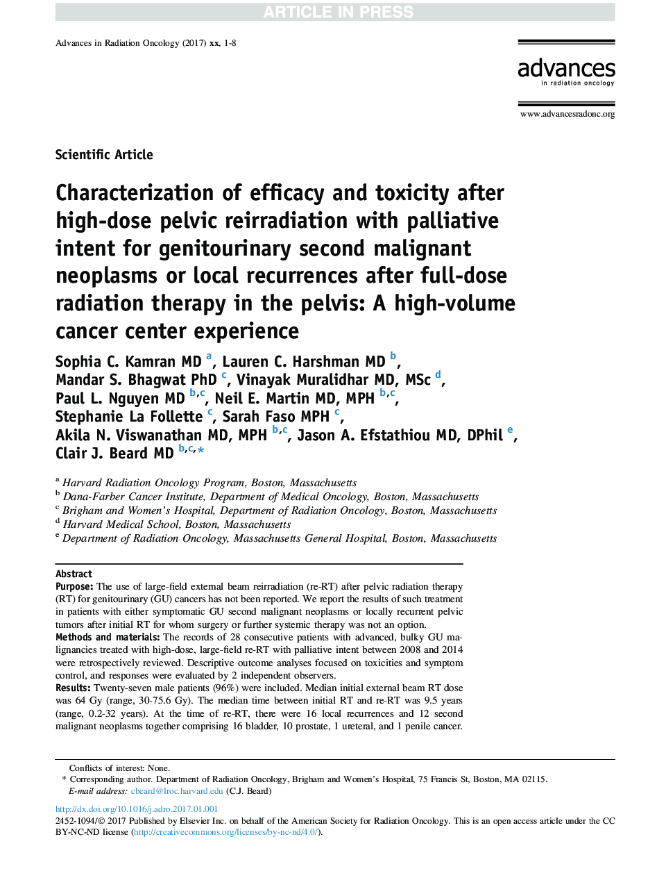 Characterization of efficacy and toxicity after high-dose pelvic reirradiation with palliative intent for genitourinary second malignant neoplasms or local recurrences after full-dose radiation therapy in the pelvis: A high-volume cancer center experience