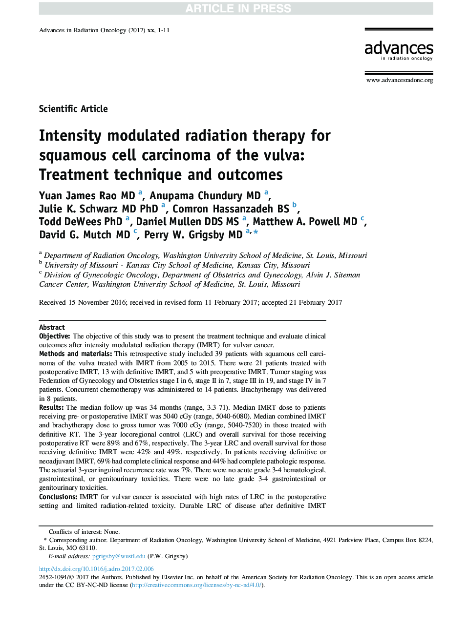 Intensity modulated radiation therapy for squamous cell carcinoma of the vulva: Treatment technique and outcomes