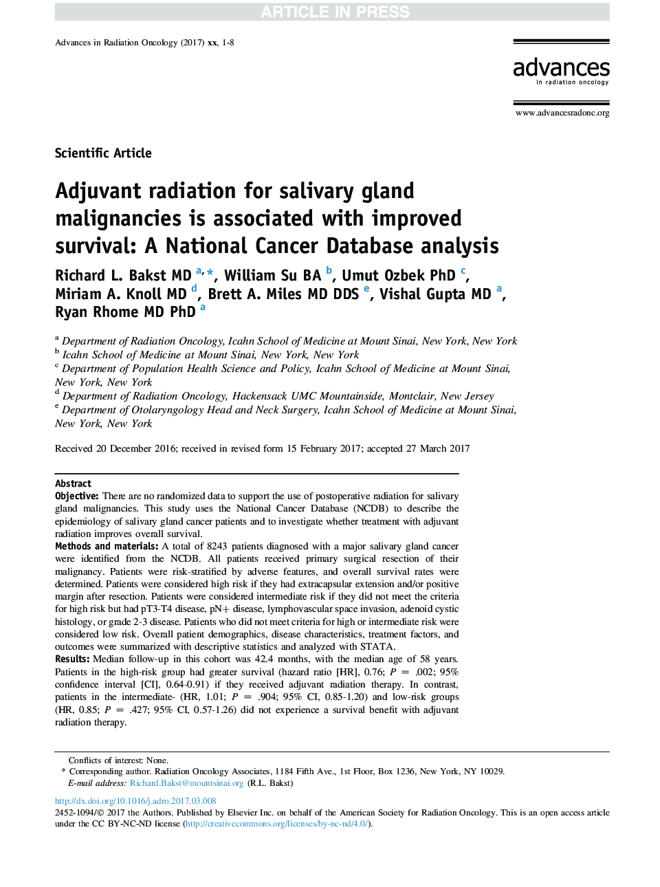 Adjuvant radiation for salivary gland malignancies is associated with improved survival: A National Cancer Database analysis