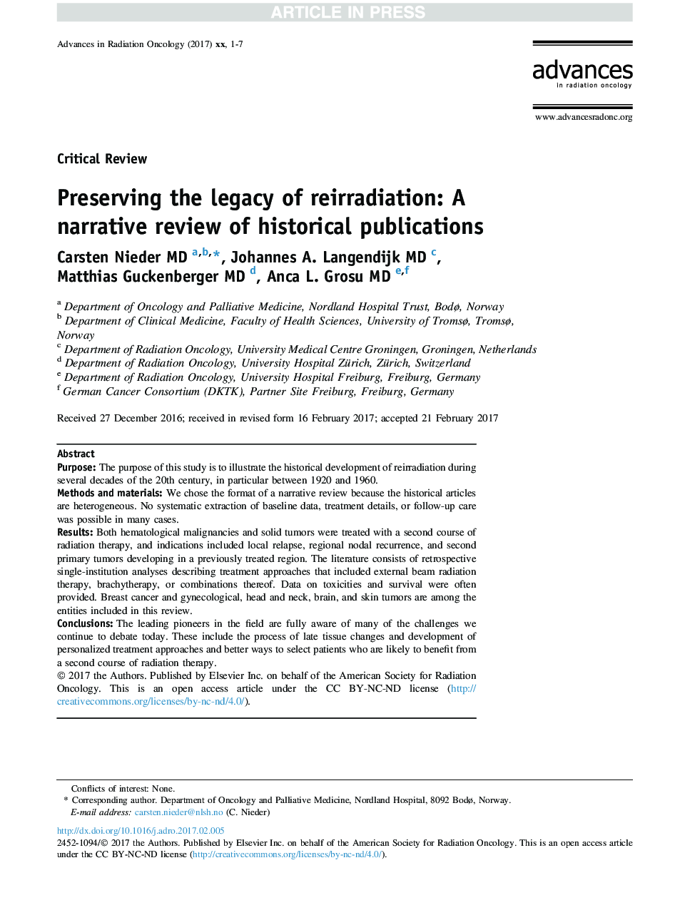 Preserving the legacy of reirradiation: A narrative review of historical publications