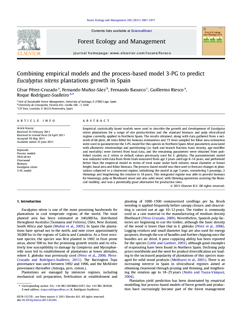 Combining empirical models and the process-based model 3-PG to predict Eucalyptus nitens plantations growth in Spain