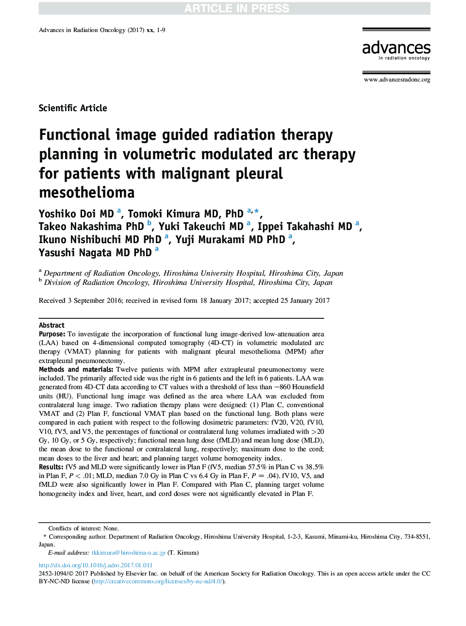 Functional image guided radiation therapy planning in volumetric modulated arc therapy for patients with malignant pleural mesothelioma