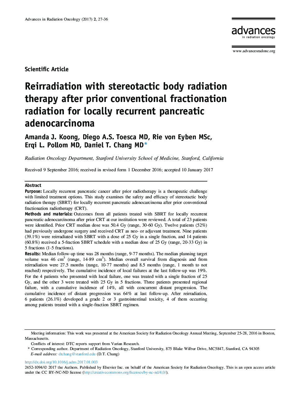 Reirradiation with stereotactic body radiation therapy after prior conventional fractionation radiation for locally recurrent pancreatic adenocarcinoma