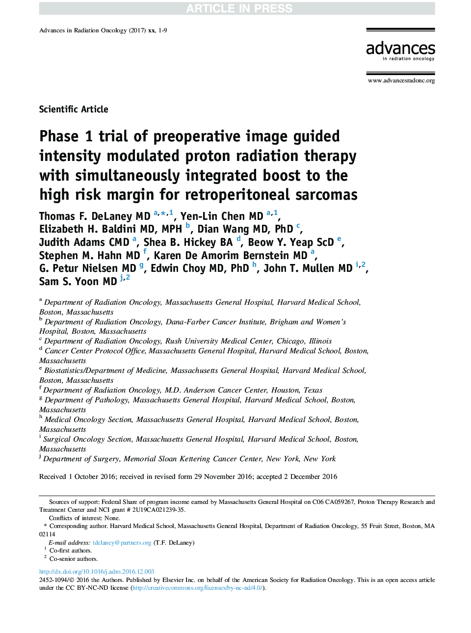 Phase 1 trial of preoperative image guided intensity modulated proton radiation therapy with simultaneously integrated boost to the high risk margin for retroperitoneal sarcomas