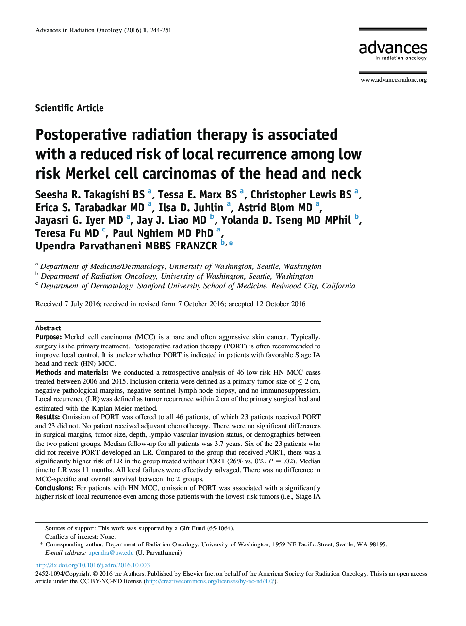 Postoperative radiation therapy is associated with a reduced risk of local recurrence among low risk Merkel cell carcinomas of the head and neck