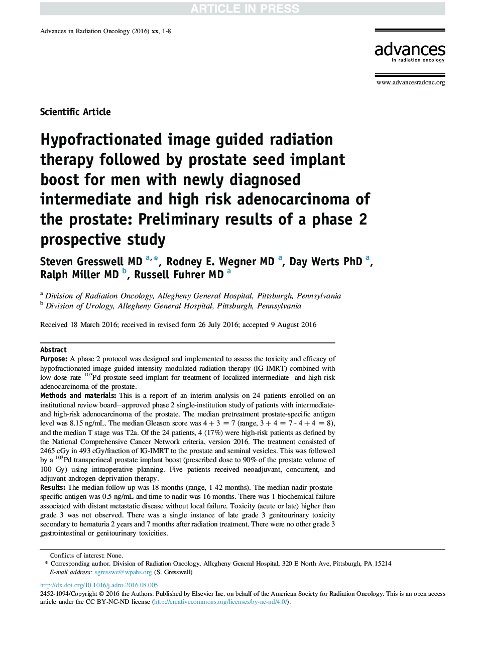 Hypofractionated image guided radiation therapy followed by prostate seed implant boost for men with newly diagnosed intermediate and high risk adenocarcinoma of the prostate: Preliminary results of a phase 2 prospective study