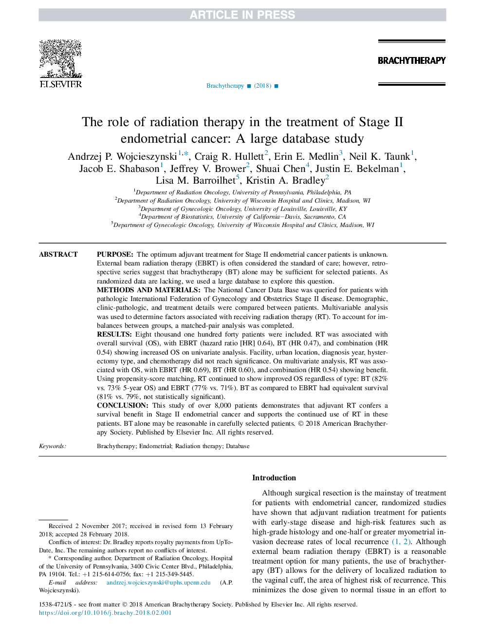 The role of radiation therapy in the treatment of Stage II endometrialÂ cancer: A large database study