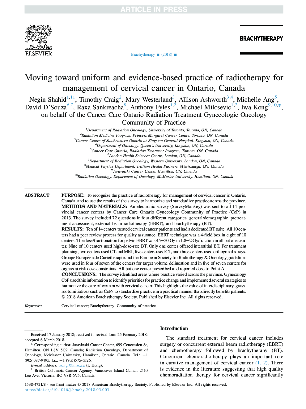 Moving toward uniform and evidence-based practice of radiotherapy for management of cervical cancer in Ontario, Canada