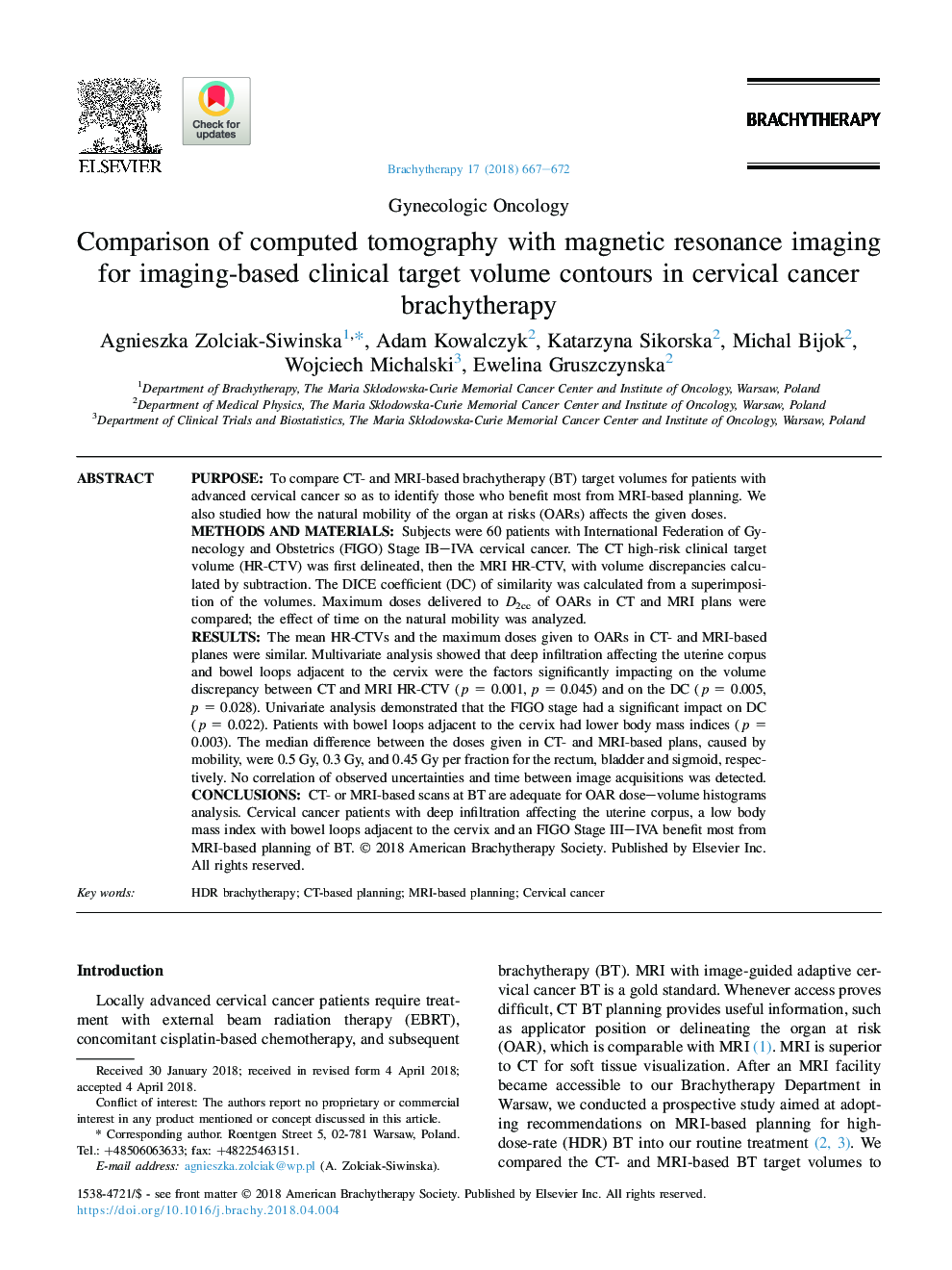 Comparison of computed tomography with magnetic resonance imaging for imaging-based clinical target volume contours in cervical cancer brachytherapy