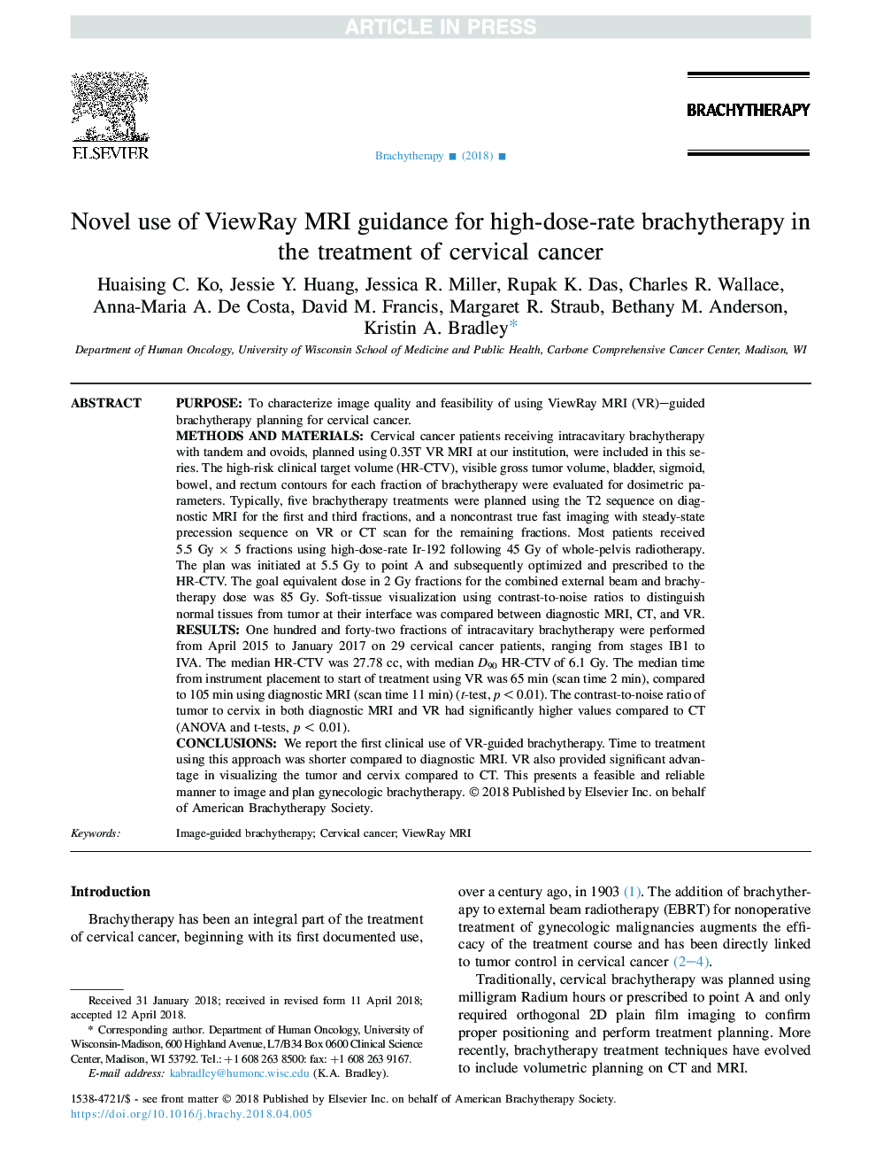 Novel use of ViewRay MRI guidance for high-dose-rate brachytherapy in the treatment of cervical cancer