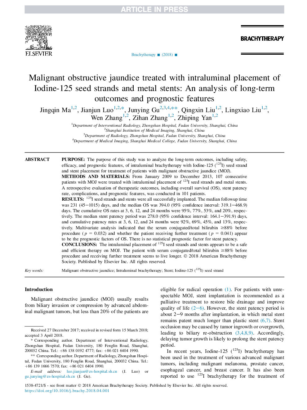 زردی انسدادی بدخیم تحت درمان با قرار دادن درون محوری رشته های بذر یودین 125 و استنت های فلزی: تجزیه و تحلیل نتایج بلند مدت و ویژگی های پیش آگهی 