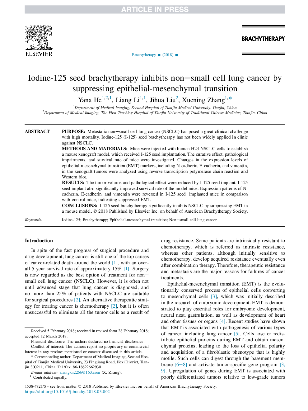 Iodine-125 seed brachytherapy inhibits non-small cell lung cancer by suppressing epithelial-mesenchymal transition