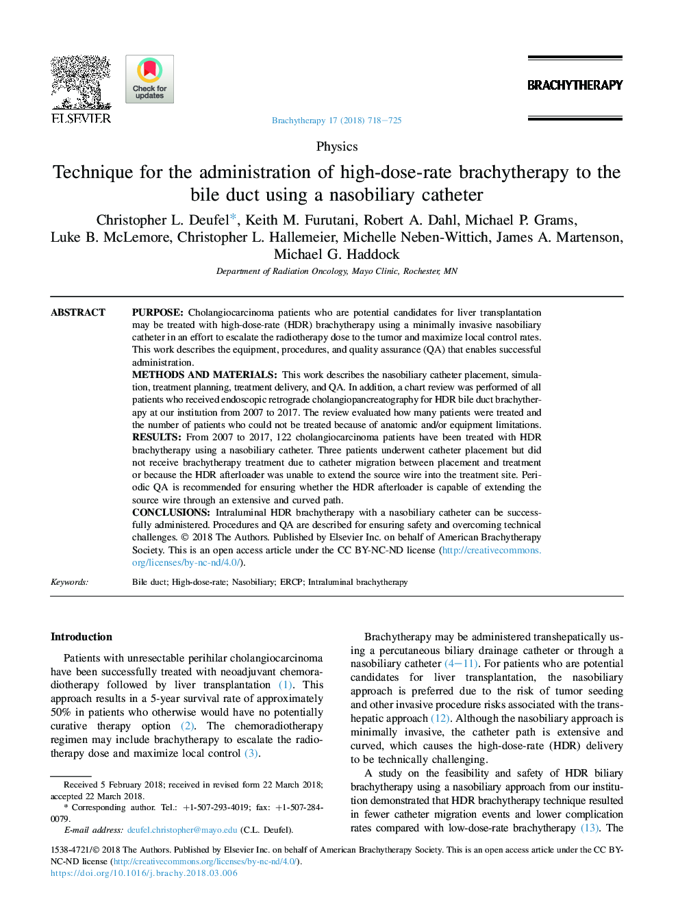 Technique for the administration of high-dose-rate brachytherapy to the bile duct using a nasobiliary catheter