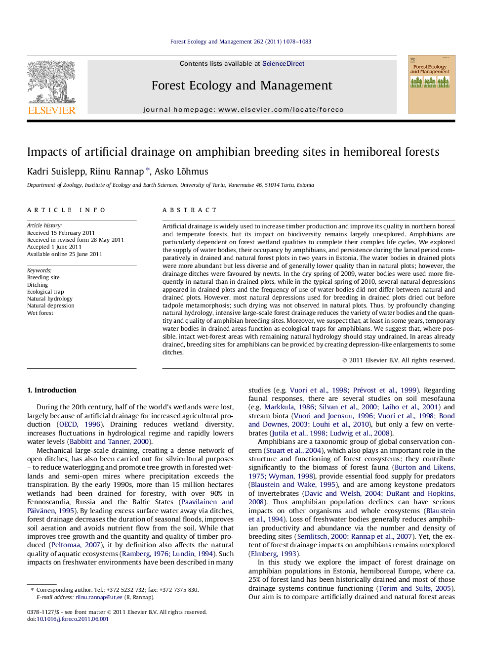 Impacts of artificial drainage on amphibian breeding sites in hemiboreal forests