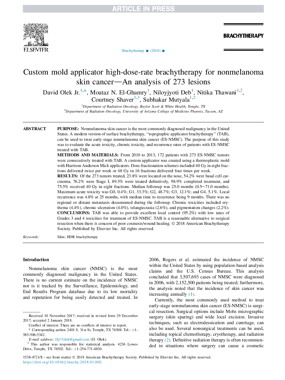 Custom mold applicator high-dose-rate brachytherapy for nonmelanoma skin cancer-An analysis of 273 lesions