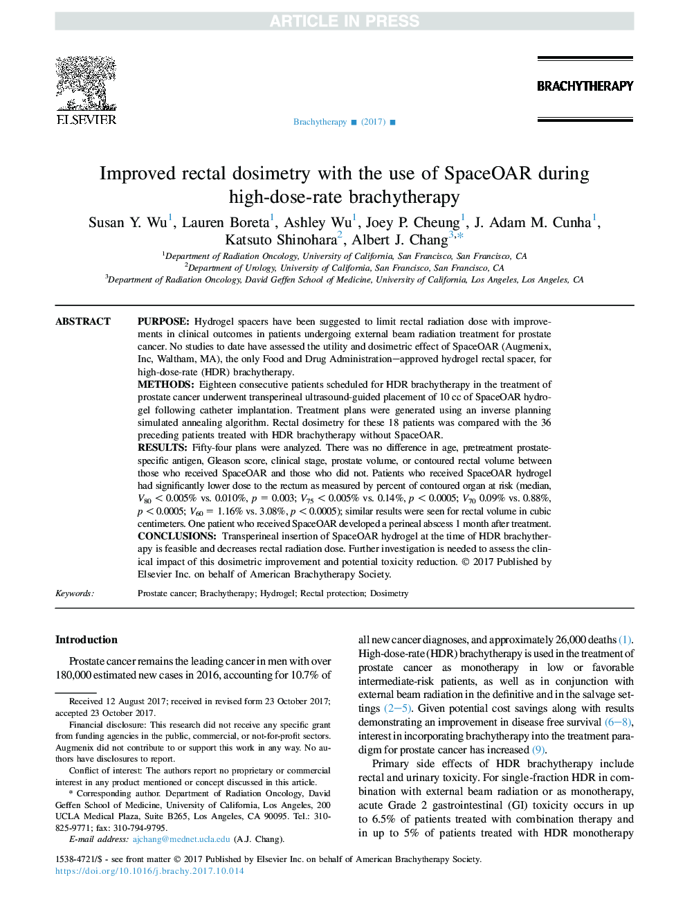 Improved rectal dosimetry with the use of SpaceOAR during high-dose-rate brachytherapy